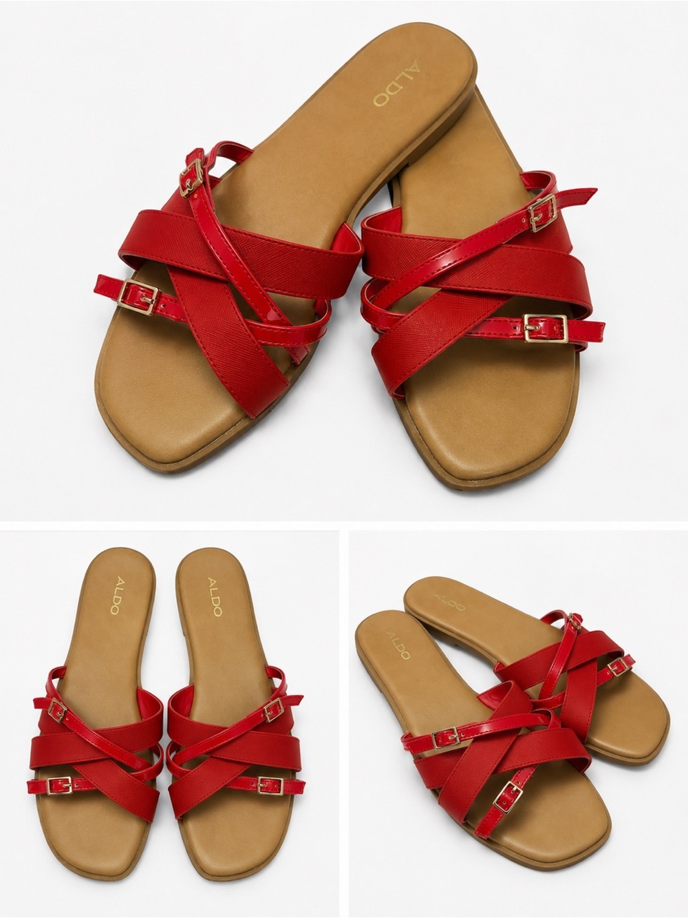 Aldo Red Crisscross Slide Sandals with Gold Buckle Accents